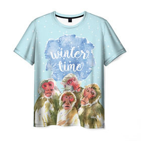 Мужская футболка 3D с принтом Зимняя пора , 100% полиэфир | прямой крой, круглый вырез горловины, длина до линии бедер | winter | год | зима | мартышка | новогодний | новый | обезьяна | обезьянка | подарок | с новым годом | снег