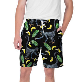 Мужские шорты 3D с принтом Обезьянки и бананы ,  полиэстер 100% | прямой крой, два кармана без застежек по бокам. Мягкая трикотажная резинка на поясе, внутри которой широкие завязки. Длина чуть выше колен | банан