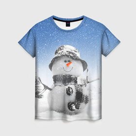 Женская футболка 3D с принтом Снеговик , 100% полиэфир ( синтетическое хлопкоподобное полотно) | прямой крой, круглый вырез горловины, длина до линии бедер | 2016 | winter | год | зима | мартышка | новогодний | новый | обезьяна | обезьянка | подарок | с новым годом | снег | снеговик
