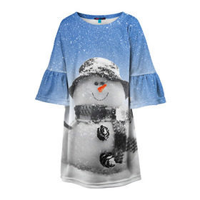 Детское платье 3D с принтом Снеговик , 100% полиэстер | прямой силуэт, чуть расширенный к низу. Круглая горловина, на рукавах — воланы | 2016 | winter | год | зима | мартышка | новогодний | новый | обезьяна | обезьянка | подарок | с новым годом | снег | снеговик