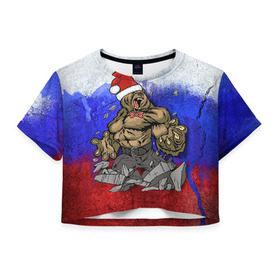 Женская футболка 3D укороченная с принтом Медведь , 100% полиэстер | круглая горловина, длина футболки до линии талии, рукава с отворотами | 2016 | год | медведь | мишка | новогодний | новый | патриот | россия | русский | с новым годом | сила | флаг