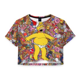 Женская футболка 3D укороченная с принтом Обжора Гомер , 100% полиэстер | круглая горловина, длина футболки до линии талии, рукава с отворотами | гомер