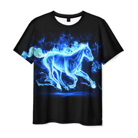 Мужская футболка 3D с принтом Ледяной конь , 100% полиэфир | прямой крой, круглый вырез горловины, длина до линии бедер | Тематика изображения на принте: арт | лёд | лошадь | огонь | пламя