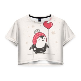 Женская футболка 3D укороченная с принтом Пингвин с шариком , 100% полиэстер | круглая горловина, длина футболки до линии талии, рукава с отворотами | пингвин