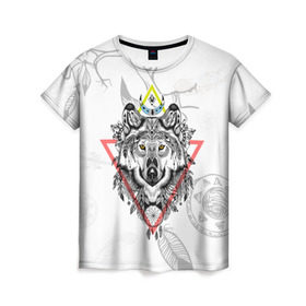 Женская футболка 3D с принтом Волк , 100% полиэфир ( синтетическое хлопкоподобное полотно) | прямой крой, круглый вырез горловины, длина до линии бедер | волк | животные | перо | перья