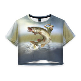 Женская футболка 3D укороченная с принтом Щука , 100% полиэстер | круглая горловина, длина футболки до линии талии, рукава с отворотами | fishing | рыба | рыбак | рыбалка | туризм | щука