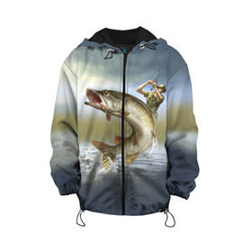 Детская куртка 3D с принтом Щука , 100% полиэстер | застежка — молния, подол и капюшон оформлены резинкой с фиксаторами, по бокам — два кармана без застежек, один потайной карман на груди, плотность верхнего слоя — 90 г/м2; плотность флисового подклада — 260 г/м2 | Тематика изображения на принте: fishing | рыба | рыбак | рыбалка | туризм | щука