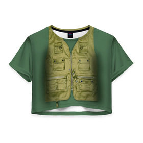 Женская футболка 3D укороченная с принтом Жилетка рыбака , 100% полиэстер | круглая горловина, длина футболки до линии талии, рукава с отворотами | fishing | жилет | камуфляж | рыба | рыбак | рыбалка | туризм