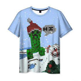 Мужская футболка 3D с принтом Minecraft , 100% полиэфир | прямой крой, круглый вырез горловины, длина до линии бедер | Тематика изображения на принте: creeper | крипер | майнкрафт | новогодний