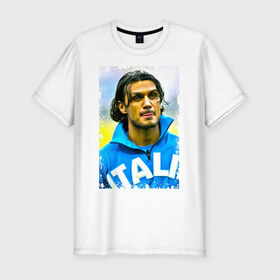 Мужская футболка премиум с принтом Paolo Maldini (retro style) , 92% хлопок, 8% лайкра | приталенный силуэт, круглый вырез ворота, длина до линии бедра, короткий рукав | paolo maldini | retro style | италия | лига чемпионов | милан | паоло мальдини | футбол