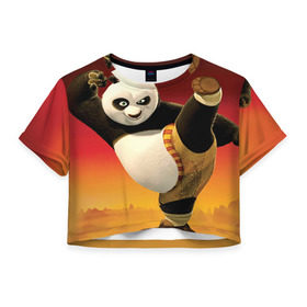 Женская футболка 3D укороченная с принтом Кунг фу панда , 100% полиэстер | круглая горловина, длина футболки до линии талии, рукава с отворотами | kung fu | kung fu panda | panda | кунг фу | кунг фу панда | кунгфу | панда. кунг фу | по