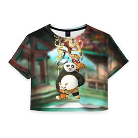 Женская футболка 3D укороченная с принтом Кунг фу панда , 100% полиэстер | круглая горловина, длина футболки до линии талии, рукава с отворотами | kung fu | kung fu panda | panda | кунг фу | кунг фу панда | кунгфу | панда. кунг фу | по
