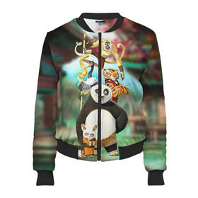 Женский бомбер 3D с принтом Кунг фу панда , 100% полиэстер | застегивается на молнию, по бокам два кармана без застежек, мягкие манжеты, по низу бомбера и на воротнике — эластичная резинка | Тематика изображения на принте: kung fu | kung fu panda | panda | кунг фу | кунг фу панда | кунгфу | панда. кунг фу | по