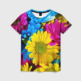 Женская футболка 3D с принтом Цветы , 100% полиэфир ( синтетическое хлопкоподобное полотно) | прямой крой, круглый вырез горловины, длина до линии бедер | природа | яркие