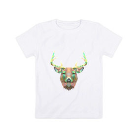 Детская футболка хлопок с принтом Олень (цветная мозаика) , 100% хлопок | круглый вырез горловины, полуприлегающий силуэт, длина до линии бедер | Тематика изображения на принте: голова | животное | мозаика | олень | рога | узор
