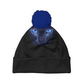 Шапка 3D c помпоном с принтом Кошка с голубыми глазами , 100% полиэстер | универсальный размер, печать по всей поверхности изделия | Тематика изображения на принте: глаза | кот | синий