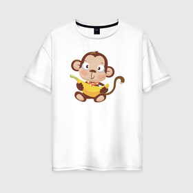 Женская футболка хлопок Oversize с принтом Обезьянка с бананом , 100% хлопок | свободный крой, круглый ворот, спущенный рукав, длина до линии бедер
 | 2016 | год | зима | мартышка | новогодний | новый | обезьяна | обезьянка | подарок | с новым годом