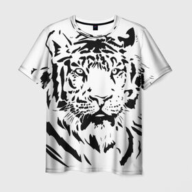 Мужская футболка 3D с принтом Тигр , 100% полиэфир | прямой крой, круглый вырез горловины, длина до линии бедер | Тематика изображения на принте: взгляд | тигр | трафарет | хищник