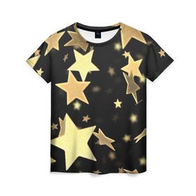 Женская футболка 3D с принтом Золотые звезды , 100% полиэфир ( синтетическое хлопкоподобное полотно) | прямой крой, круглый вырез горловины, длина до линии бедер | золотые звезды | орнамент | праздник