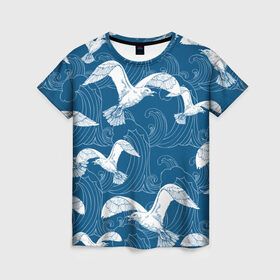 Женская футболка 3D с принтом Чайки , 100% полиэфир ( синтетическое хлопкоподобное полотно) | прямой крой, круглый вырез горловины, длина до линии бедер | Тематика изображения на принте: небо | полет | птицы | чайки