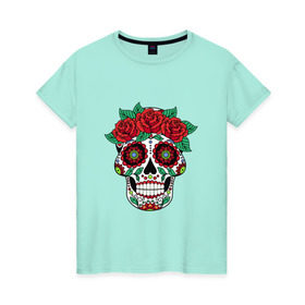 Женская футболка хлопок с принтом Мексиканский череп для нее , 100% хлопок | прямой крой, круглый вырез горловины, длина до линии бедер, слегка спущенное плечо | мексика | мексиканский череп calavera для неемексиканский череп calavera | череп