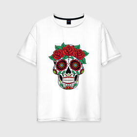 Женская футболка хлопок Oversize с принтом Мексиканский череп для нее , 100% хлопок | свободный крой, круглый ворот, спущенный рукав, длина до линии бедер
 | мексика | мексиканский череп calavera для неемексиканский череп calavera | череп