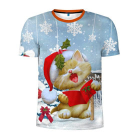Мужская футболка 3D спортивная с принтом Новогодний котёнок , 100% полиэстер с улучшенными характеристиками | приталенный силуэт, круглая горловина, широкие плечи, сужается к линии бедра | Тематика изображения на принте: 2016 | christmas | ёлка | котёнок | новый год