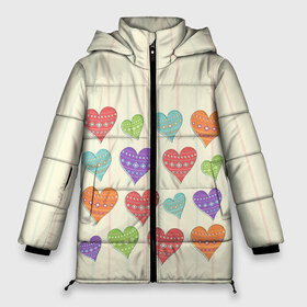 Женская зимняя куртка 3D с принтом Сердечки , верх — 100% полиэстер; подкладка — 100% полиэстер; утеплитель — 100% полиэстер | длина ниже бедра, силуэт Оверсайз. Есть воротник-стойка, отстегивающийся капюшон и ветрозащитная планка. 

Боковые карманы с листочкой на кнопках и внутренний карман на молнии | любовь | сердце | счастье | тепло | узор