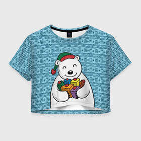 Женская футболка 3D укороченная с принтом Новогодний мишка , 100% полиэстер | круглая горловина, длина футболки до линии талии, рукава с отворотами | 2016 | медведь | мишка | новый год