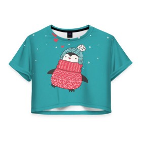 Женская футболка 3D укороченная с принтом Пингвинчик , 100% полиэстер | круглая горловина, длина футболки до линии талии, рукава с отворотами | пингвин