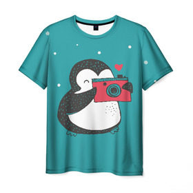 Мужская футболка 3D с принтом Пингвин с фотоаппаратом , 100% полиэфир | прямой крой, круглый вырез горловины, длина до линии бедер | 14 февраля | влюбленные | девушка | день святого валентина | любовь | пара | парень