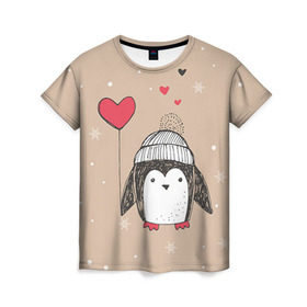 Женская футболка 3D с принтом Пингвин с шариком , 100% полиэфир ( синтетическое хлопкоподобное полотно) | прямой крой, круглый вырез горловины, длина до линии бедер | пингвин