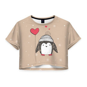 Женская футболка 3D укороченная с принтом Пингвин с шариком , 100% полиэстер | круглая горловина, длина футболки до линии талии, рукава с отворотами | пингвин