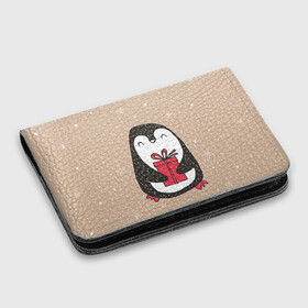 Картхолдер с принтом с принтом Пингвин с подарком , натуральная матовая кожа | размер 7,3 х 10 см; кардхолдер имеет 4 кармана для карт; | пингвин
