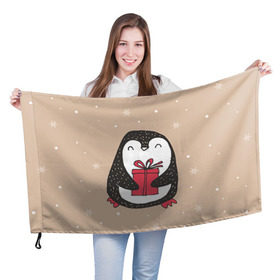 Флаг 3D с принтом Пингвин с подарком , 100% полиэстер | плотность ткани — 95 г/м2, размер — 67 х 109 см. Принт наносится с одной стороны | пингвин