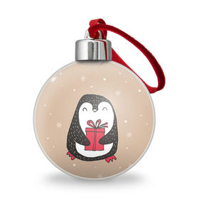 Ёлочный шар с принтом Пингвин с подарком , Пластик | Диаметр: 77 мм | Тематика изображения на принте: пингвин