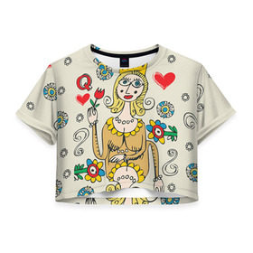 Женская футболка 3D укороченная с принтом Червовая дама , 100% полиэстер | круглая горловина, длина футболки до линии талии, рукава с отворотами | 14 февраля | love | влюбленные | карты | королева | король | лав | любовь | пара | парные | подарок