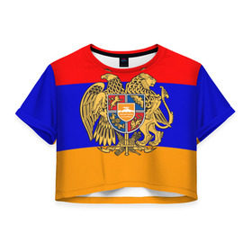 Женская футболка 3D укороченная с принтом Герб и флаг Армении , 100% полиэстер | круглая горловина, длина футболки до линии талии, рукава с отворотами | armenia | армения | герб | флаг