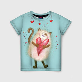 Детская футболка 3D с принтом Котик , 100% гипоаллергенный полиэфир | прямой крой, круглый вырез горловины, длина до линии бедер, чуть спущенное плечо, ткань немного тянется | 14 февраля | bear | love | teddy | валентин | влюбленный | киска | кот | котик | любовь | милый | рисунок | сердечко | сердце