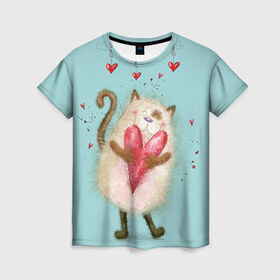 Женская футболка 3D с принтом Котик , 100% полиэфир ( синтетическое хлопкоподобное полотно) | прямой крой, круглый вырез горловины, длина до линии бедер | 14 февраля | bear | love | teddy | валентин | влюбленный | киска | кот | котик | любовь | милый | рисунок | сердечко | сердце