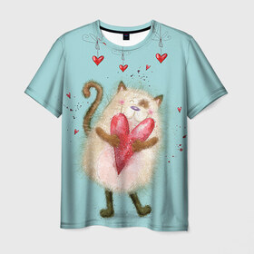 Мужская футболка 3D с принтом Котик , 100% полиэфир | прямой крой, круглый вырез горловины, длина до линии бедер | Тематика изображения на принте: 14 февраля | bear | love | teddy | валентин | влюбленный | киска | кот | котик | любовь | милый | рисунок | сердечко | сердце