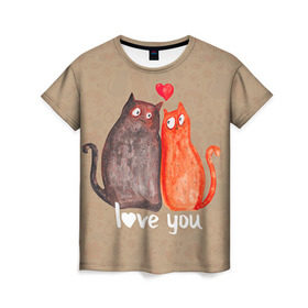 Женская футболка 3D с принтом Влюбленные котики , 100% полиэфир ( синтетическое хлопкоподобное полотно) | прямой крой, круглый вырез горловины, длина до линии бедер | 14 февраля | bear | love | teddy | валентин | влюбленный | киска | кот | котик | любовь | милый | рисунок | сердечко | сердце