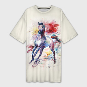 Платье-футболка 3D с принтом Лошадь. Арт 1 ,  |  | horse | horseshoe | акварель | головалошади | грива | жеребец | животные | конь | лошадь | лошадьскрыльями | подкова | природа | рисуноккрасками