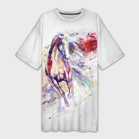Платье-футболка 3D с принтом Лошадь. Арт 2 ,  |  | horse | horseshoe | акварель | головалошади | грива | жеребец | животные | конь | лошадь | лошадьскрыльями | подкова | природа | рисуноккрасками