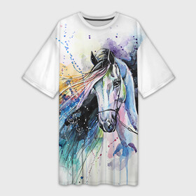 Платье-футболка 3D с принтом Лошадь. Арт 3 ,  |  | horse | horseshoe | акварель | головалошади | грива | жеребец | животные | конь | лошадь | лошадьскрыльями | подкова | природа | рисуноккрасками