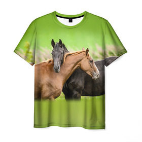 Мужская футболка 3D с принтом Лошади 2 , 100% полиэфир | прямой крой, круглый вырез горловины, длина до линии бедер | horse | horseshoe | акварель | головалошади | грива | единорог | жеребец | животные | конь | лошадь | лошадьскрыльями | подкова | природа | рисуноккрасками