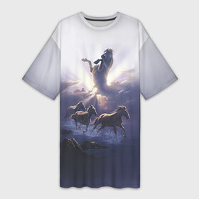 Платье-футболка 3D с принтом Лошади 3 ,  |  | horse | horseshoe | акварель | головалошади | грива | единорог | жеребец | животные | конь | лошадь | лошадьскрыльями | подкова | природа | рисуноккрасками