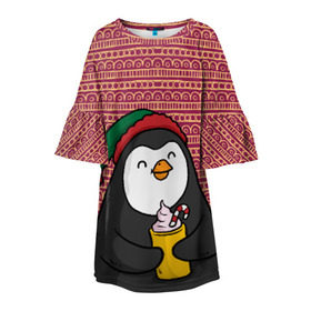 Детское платье 3D с принтом Пингвиня , 100% полиэстер | прямой силуэт, чуть расширенный к низу. Круглая горловина, на рукавах — воланы | пингвин