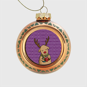 Стеклянный ёлочный шар с принтом Счастливый олень , Стекло | Диаметр: 80 мм | зима | новый год | олень | подарки