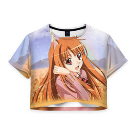 Женская футболка 3D укороченная с принтом Волчица и Пряности 2 , 100% полиэстер | круглая горловина, длина футболки до линии талии, рукава с отворотами | Тематика изображения на принте: anime | okami to koshinryo | оками